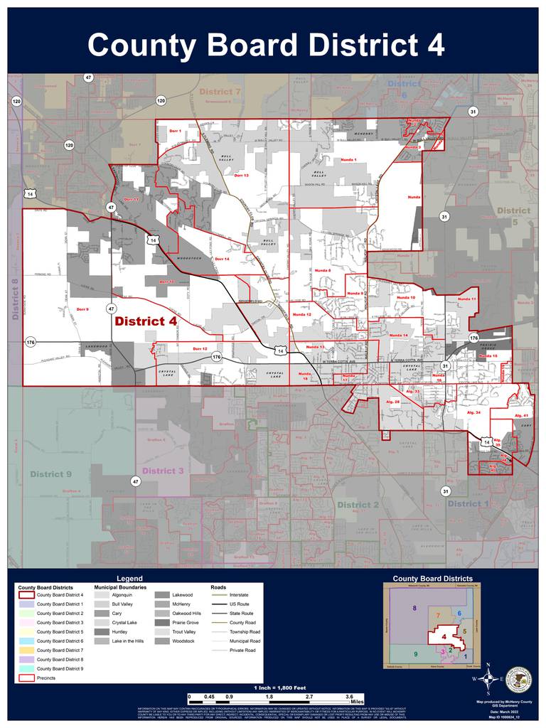 The newly redrawn McHenry County Board District 4 includes parts of Bull Valley, Cary, Crystal Lake, Lakewood, McHenry, Prairie Grove and Woodstock.
