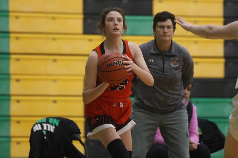 Minooka’s Kylie Loomis lines up a three point shot against Providence in the WJOL Basketball Tournament on Wednesday.