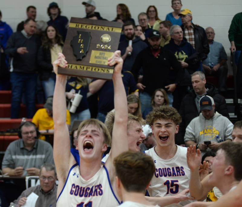 Eastland's Trevor Janssen (11) celebrates after the Cougars beat Polo on Friday, Feb. 23, 2024 to win the 1A Forreston Regional championship held at Forreston High School.