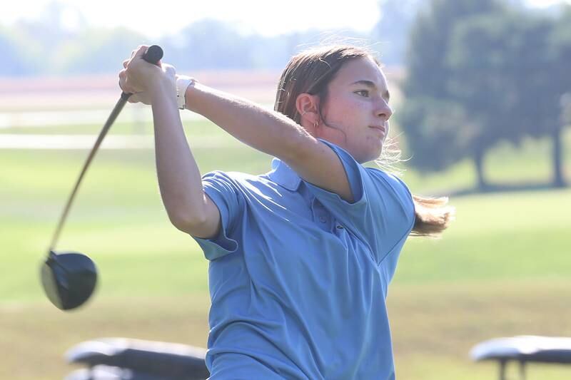 Marquette's Madisyn Trainor tees off during the Class 1A Regionals on Tuesday, Sept. 30, 2025 at Spring Creek Golf Course in Spring Valley.