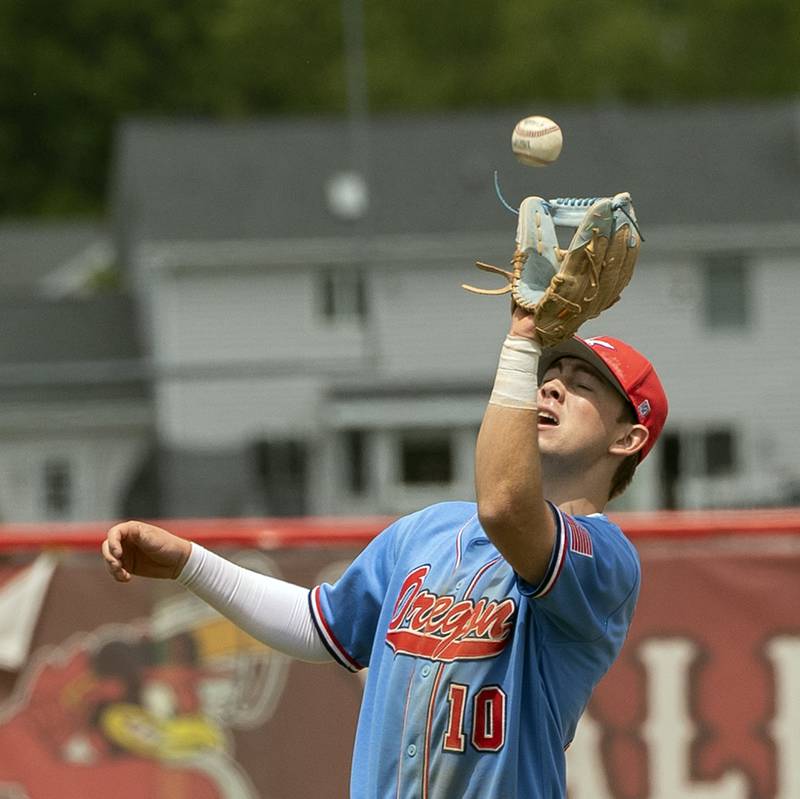 Oregon’s Keaton Salsbury makes a catch against Byron Saturday, May 24, 2025, in the Stillman Valley Class 2A Regional final.