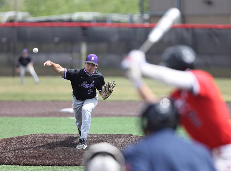 Downers Grove North's Sean Ryniec (10) throws a pitch during the IHSA Class 4A baseball regional final between Downers Grove North and Hinsdale Central at Bolingbrook High School on Saturday, May 27, 2023.