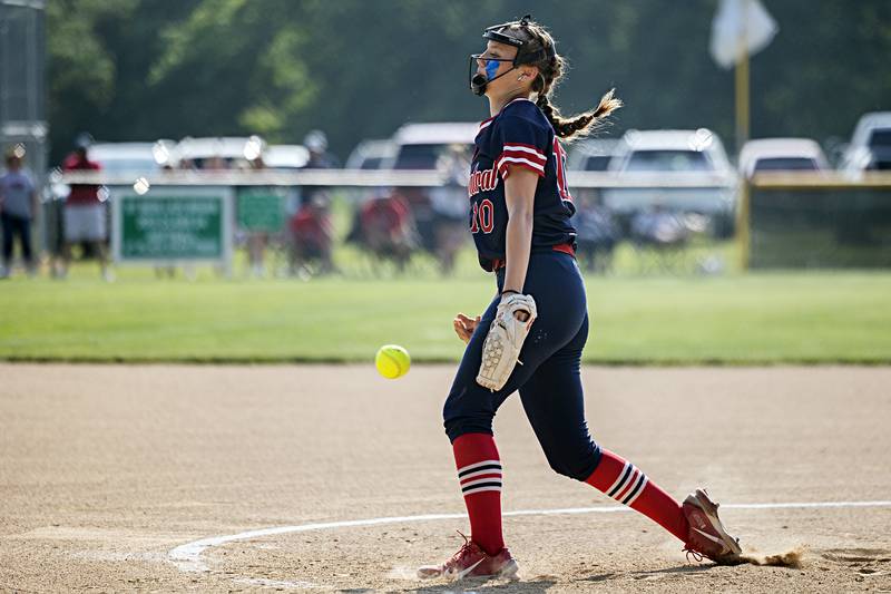 West Central’s Addie Seitz fires a pitch against Morrison on Wednesday, May 24, 2023 during their Class 1A sectional semifinal at St. Bede Academy.