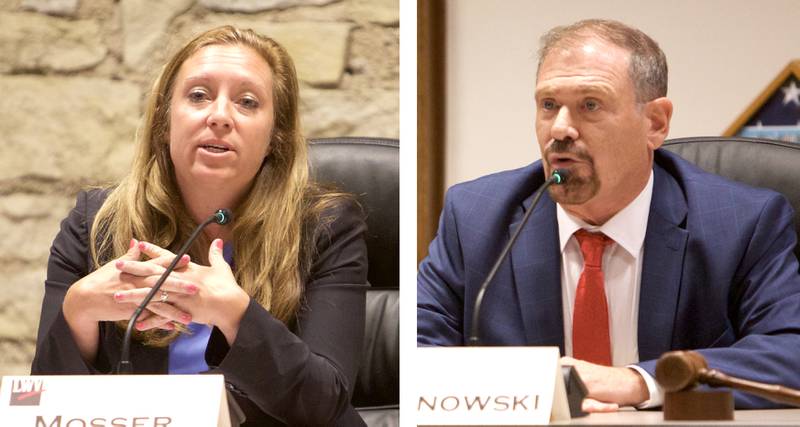 Jamie Mosser (left), incumbent candidate for Kane County State's Attorney and challenge Andrew Sosnowski (right) speak during a candidate forum hosted by the League of Women Voters on Tuesday, Oct. 1, 2024 in Batavia.