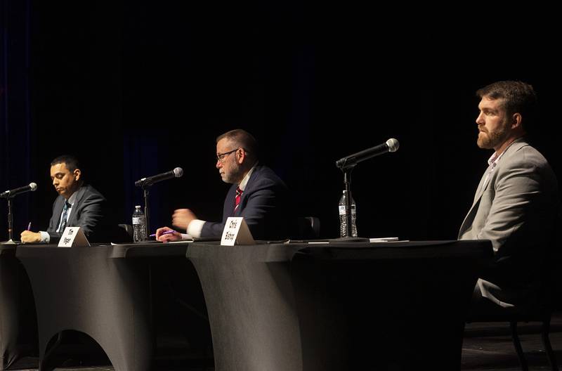 Li Arellano (left), Tim Yager and Chris Bishop are vying for the 37th Senate District seat of Illinois being vacated by Win Stoller. Discover Dixon hosted a candidate forum Thursday, Feb. 22, 2024, at The Dixon: Historic Theatre.