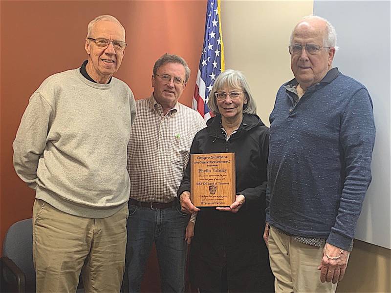 The Bristol-Kendall Fire Protection District Board of Trustees presented Phyllis Yabsley with a plaque in honor or her 17 years of service to the board. Pictured from left are Ken Johnson, Jeff Farren, Yabsley and Gary Schlapp. Not pictured is Marty Schwartz.