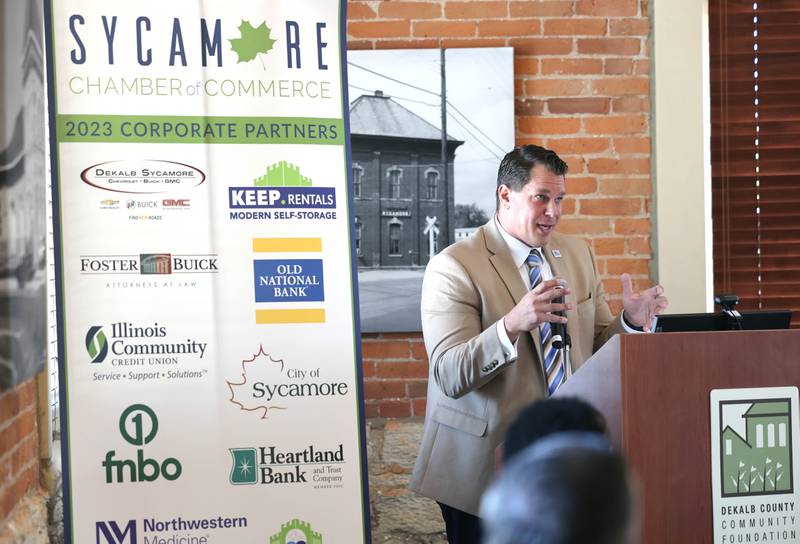 Brian Gregory, DeKalb County administrator, talks during the State of the Community address Thursday, May 11, 2023, in the DeKalb County Community Foundation Freight Room in Sycamore, about the progress made in the past year as well as current challenges facing the county. The event was hosted by the Sycamore Chamber of Commerce.