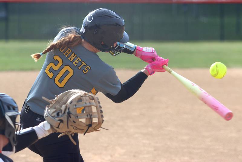 Harvard’s Leona Eichholz makes contact in varsity softball at Crystal Lake Central High School in Crystal Lake on Monday, May 19, 2025.