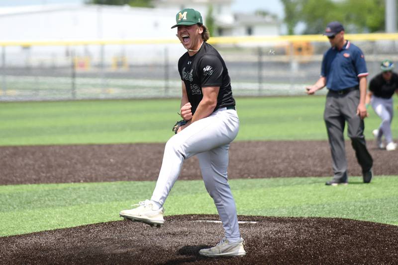 Bishop McNamara's Dom Panozzo reacts after recording the final out of the Fightin' Irish's 5-0 win over Herscher in the IHSA Class 2A Herscher Regional championship Saturday, May 24, 2025.