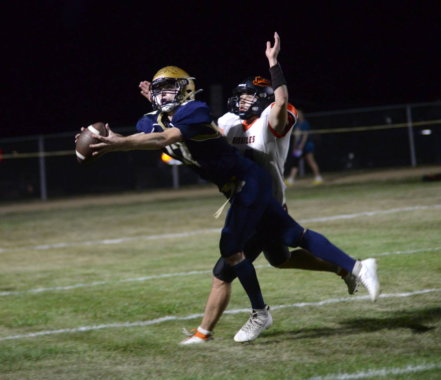 Polo's Brock Soltow (17) catches a pass as Milledgeville's Konner Johnson (14) defends during Friday, Sept. 8, 2023 action at Polo High School. The play was called back due to a flag on Polo.