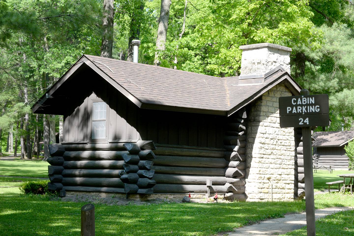 The cabins at White Pines State Park were constructed in the 1930s by the Civilian Conservation Corps. Each of the cabins offers modern amenities.