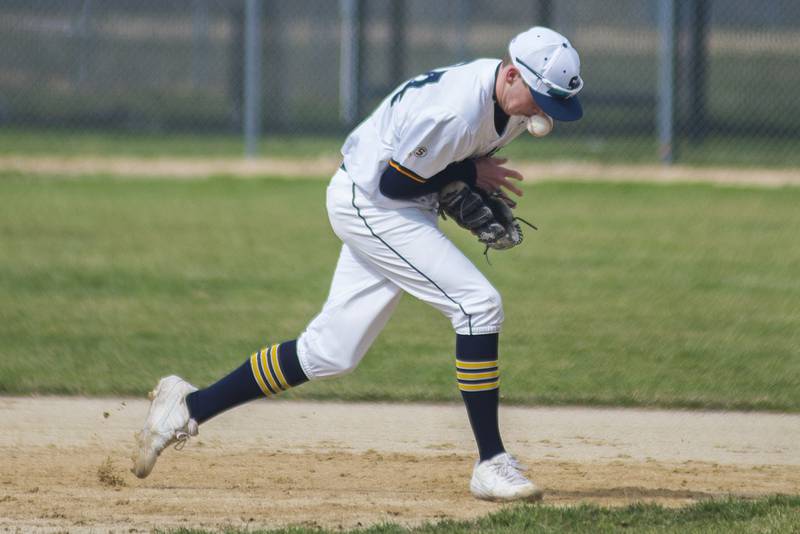 Sterling's Braden Hartman handles a bad hop for an out Tuesday, April 5, 2022 against Alleman.