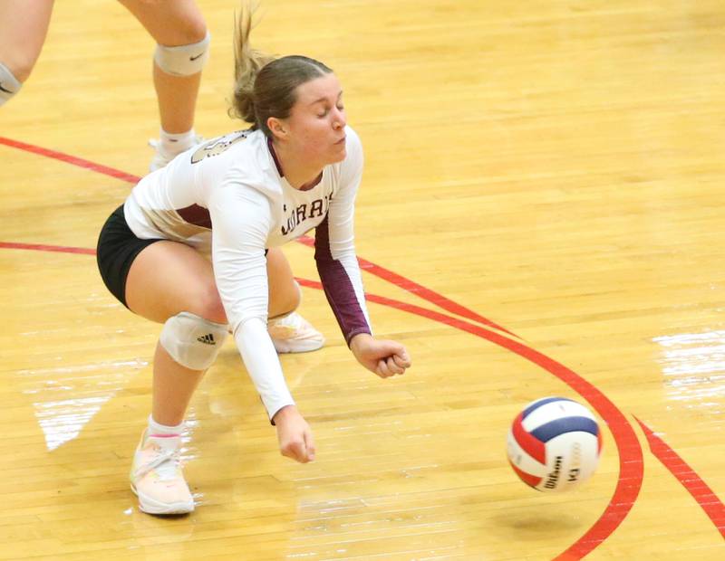 Morris's Ava Smith fails to return a spike from L-P in the Class 3A Regional game on Thursday, Oct. 26, 2023 at Sellett Gymnasium.