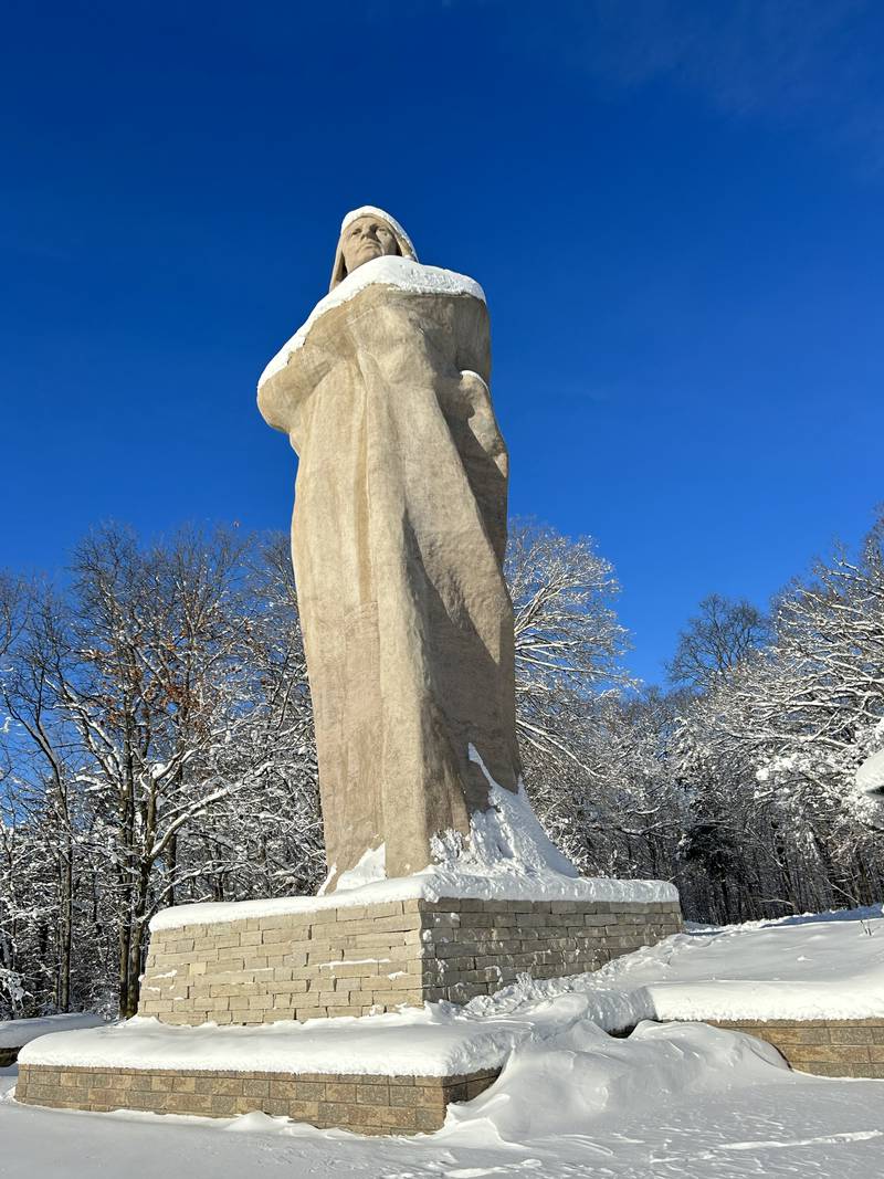 Snow sits on the arms and head of the Black Hawk Statue at Lowden State Park on Sunday, Jan. 14, 2024. Sunday's frigid weather followed a winter storm on Friday that deposited 10-13 inches across the region.