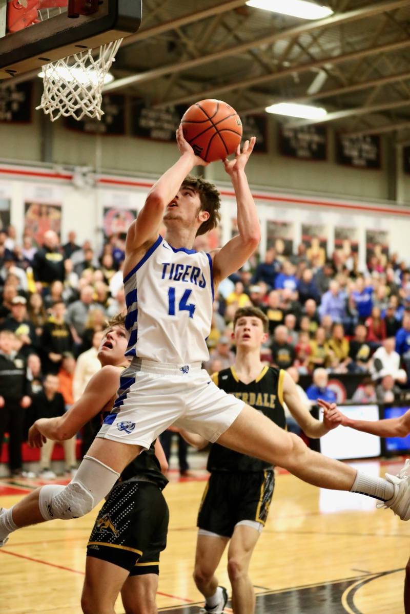 Princeton's Grady Thompson glides for a  first half shot during Tuesday's 77-40 sectional win over Riverdale at Orion.