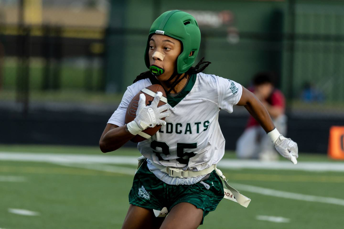 Plainfield Central's Shania Davison makes a nice move during the IHSA Danville Sectional varsity flag football game against Yorkville at Plainfield East on Oct. 13, 2025.