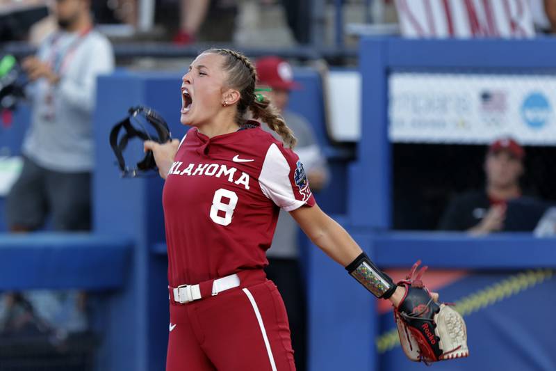 Oklahoma pitcher Alex Storako celebrates after an out against Florida State, Thursday, June 8, 2023, during the NCAA Women's College World Series softball championship series in Oklahoma City.