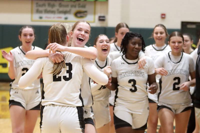 Kaneland’s Knights celebrate a win in IHSA Class 3A Regional Title Game girls basketball action on Friday, Feb. 21, 2025, at Crystal Lake South High School in Crystal Lake.