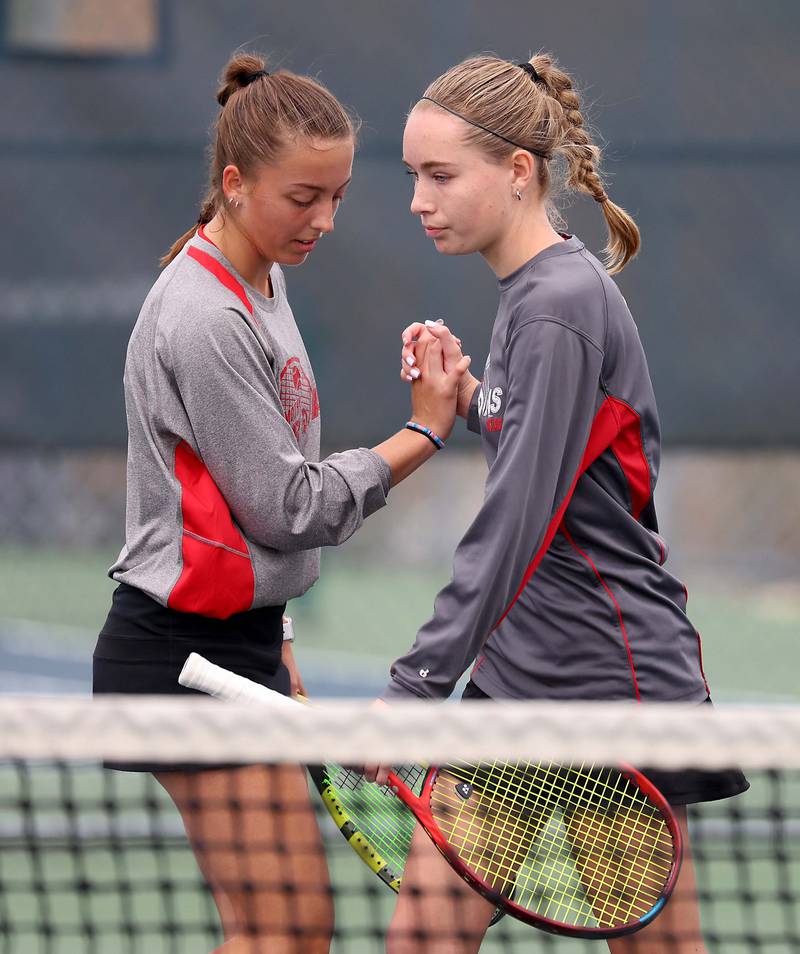 Timothy ChristianÕs Crystina Lee & Jane Carter react to an unfortunate shot in the 1A Doubles Final match at the IHSA State Tennis Finals Saturday October 21, 2023 in Buffalo Grove.