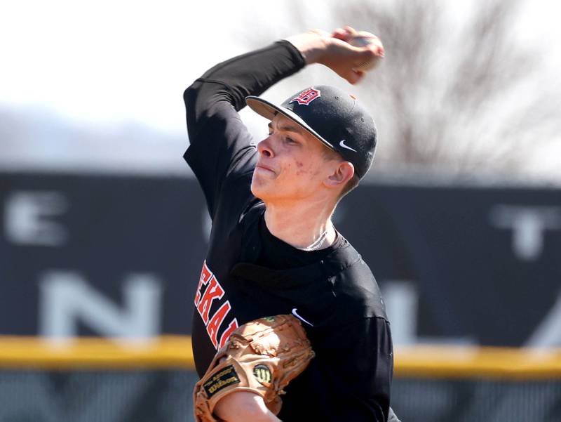 DeKalb's Jackson Kees throws a pitch for strike three to record his 200th strikeout during their game Saturday, April 12, 2025, at Kaneland High School in Maple Park.
