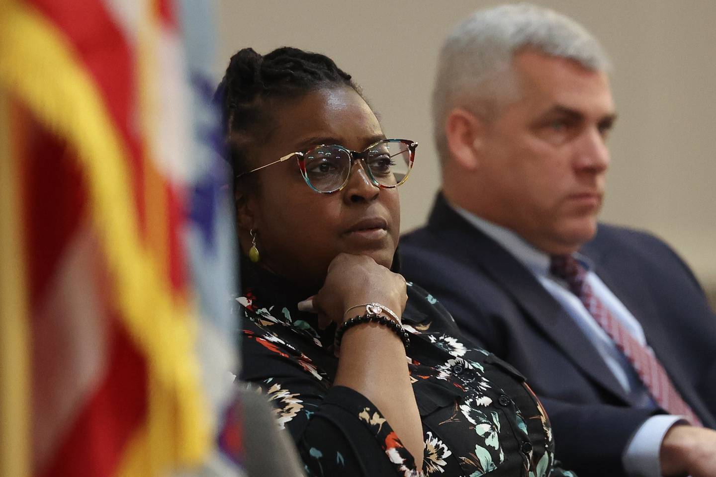 Mayor candidate Tycee Bell sits next to Mayor Bob O’Dekirk as Terry D’Arcy answers a question at the Joliet Mayoral Candidate Panel luncheon hosted by the Joliet Region Chamber of Commerce on Wednesday, March 8th, 2023 at the Clarion Hotel & Convention Center Joliet.