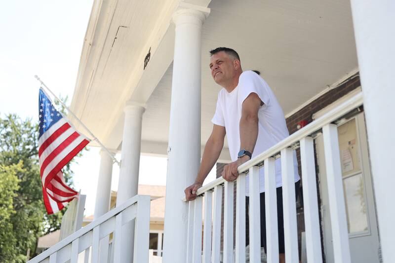 Matthew Celmer, who serve two tours in Iraq, poses for a photo outside the Joliet location for the Family and Friends Homeless Veterans Program on Wednesday, July 31, 2024 in Joliet.