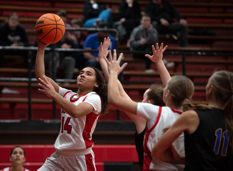 Bradley-Bourbonnais's Nia Lawrence elevates for a lay-up in a game against Sandburg on Saturday, January 3, 2026.