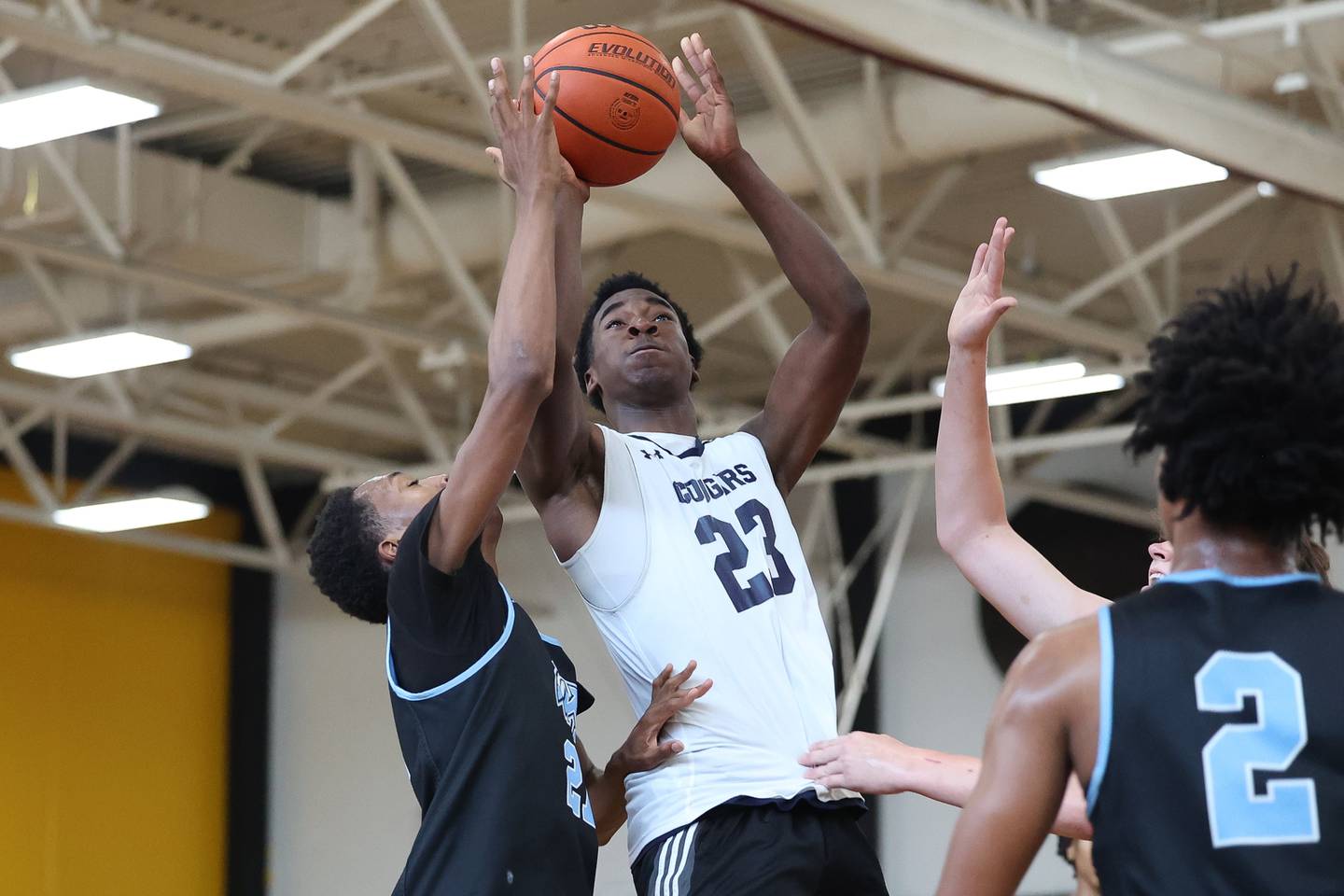 Plainfield South’s Jeremiah Lesure puts up a shot against Kankakee at the Morris Shootout on Tuesday, June 20, 2023.