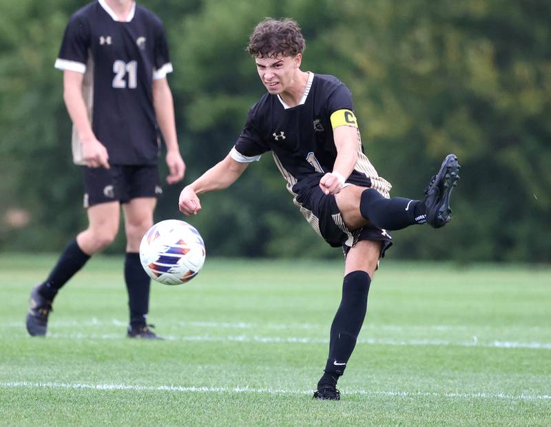 Sycamore's Noah Daykin kicks the ball into Kaneland’s end during their game Monday, Oct. 6, 2025, at Sycamore High School.