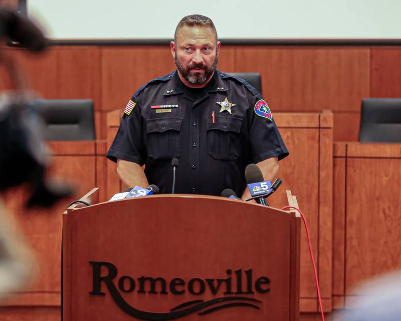 Romeoville Deputy Police Chief Chief Chris Burne addresses the media at the Press Conference held at the Romeoville Police station.  Sept 20, 2023