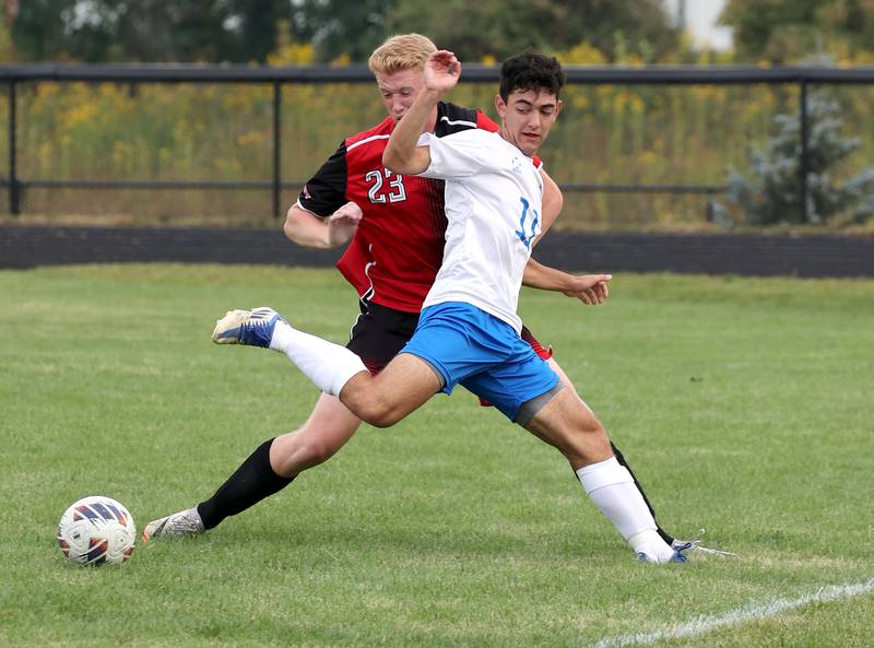 Indian Creek's Everett Willis and Hinckley-Big Rock's Josh Badal overrun the ball during their game Wednesday, Sept. 20, 2023, at Pack Park in Waterman.