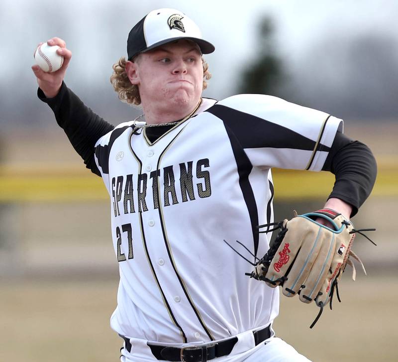 Sycamore's Jimmy Amptmann delivers a pitch during their game against Burlington Central Tuesday, March 21, 2023, at Sycamore Community Park.