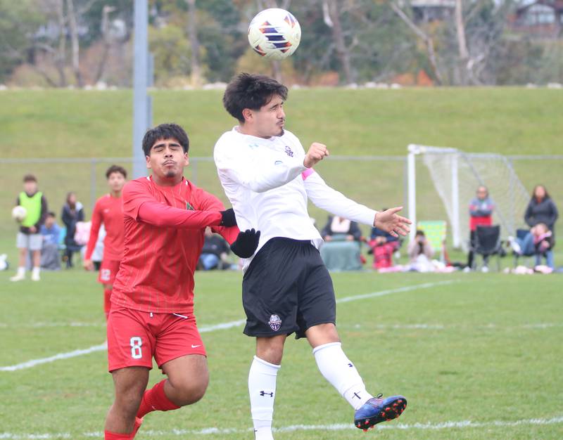 Kankakee's Joseph Andrede beats out L-P's Alex Rax to a header during the Class 2A Regional title game on Saturday, Oct. 25, 2025 at Ottawa High School.