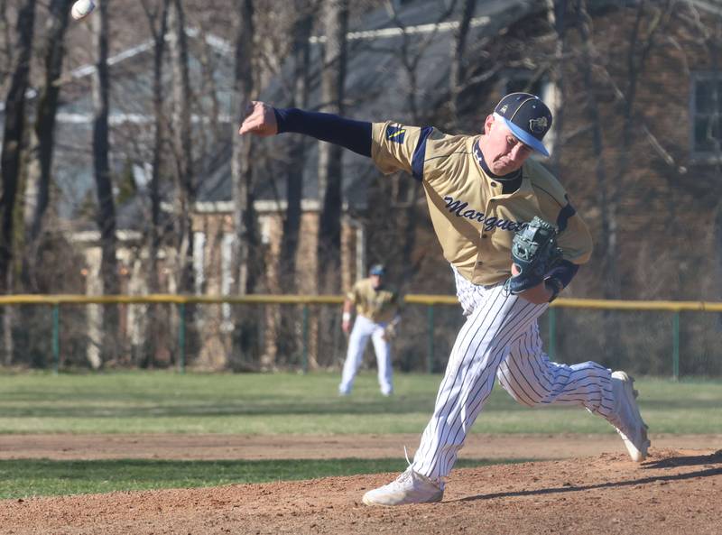 Marquette pitcher Anthony Couch lets go of a throw to Newak on Monday, March 23, 2026 at Newark High School.