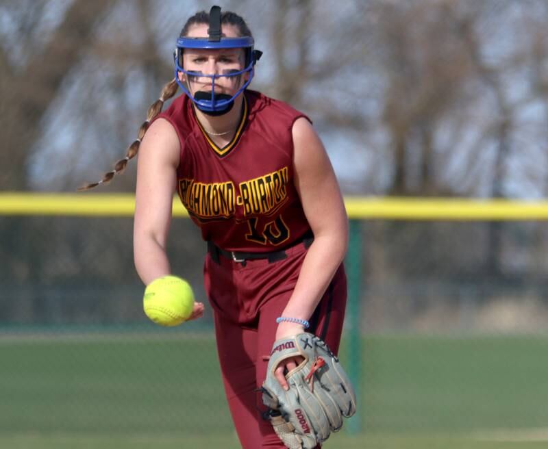 Richmond-Burton’s Hailey Holtz delivers in varsity softball at Marengo Tuesday.