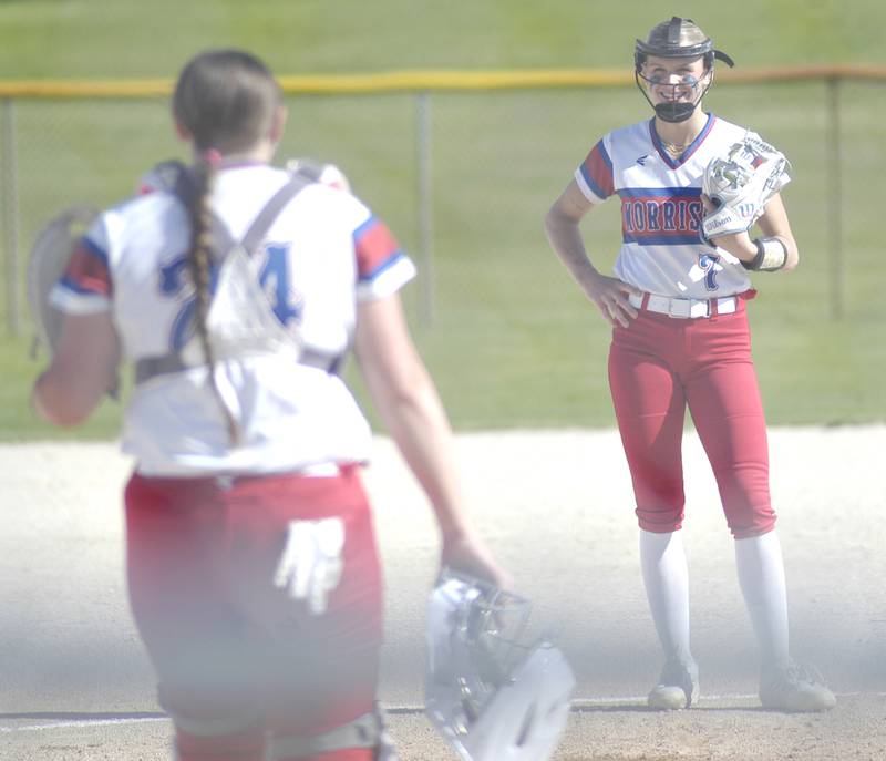 Morrison pitcher Bella Duncan talks to her catcher Allie Anderson.. The Bureau Valley Storm traveled to Morrison for a game against the Fillies on Friday, May 9th, 2025.