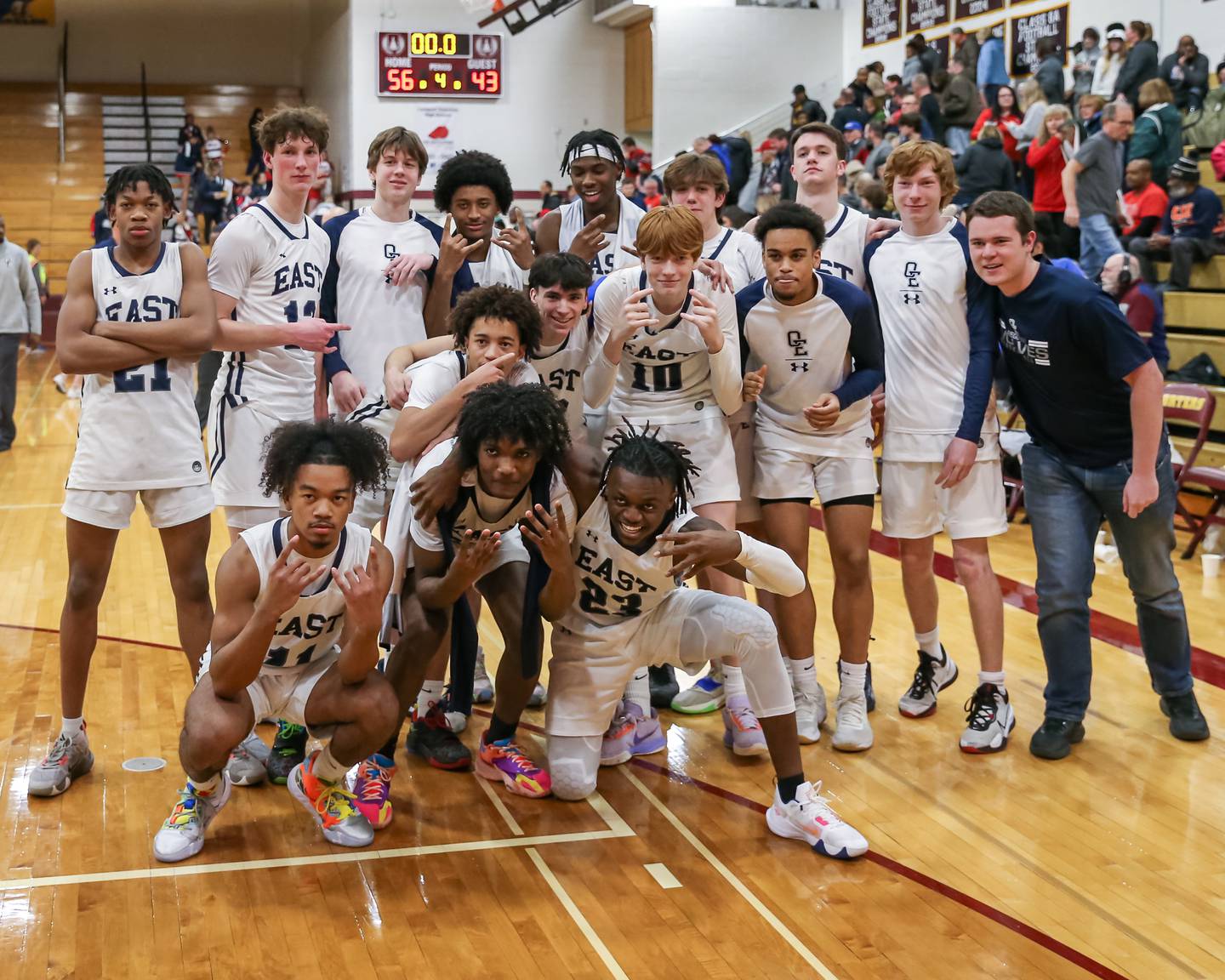 Oswego East after defeating West Aurora in the Class 4A Lockport Regional final game.  Feb 24, 2023.