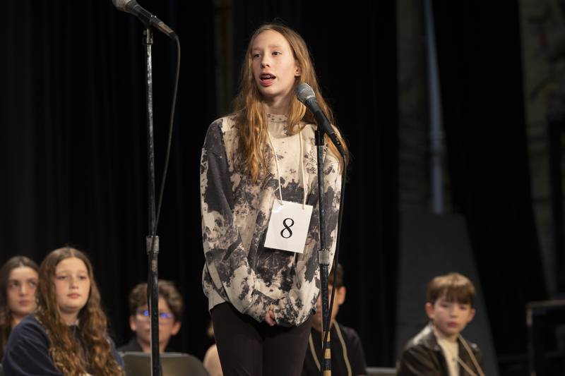 Paw Paw 7th grader Lillian Dyer competes Thursday, Feb. 21, 2024 at the Lee-Ogle-Whiteside regional spelling bee. Dyer missed on the word “ferret” in round two.