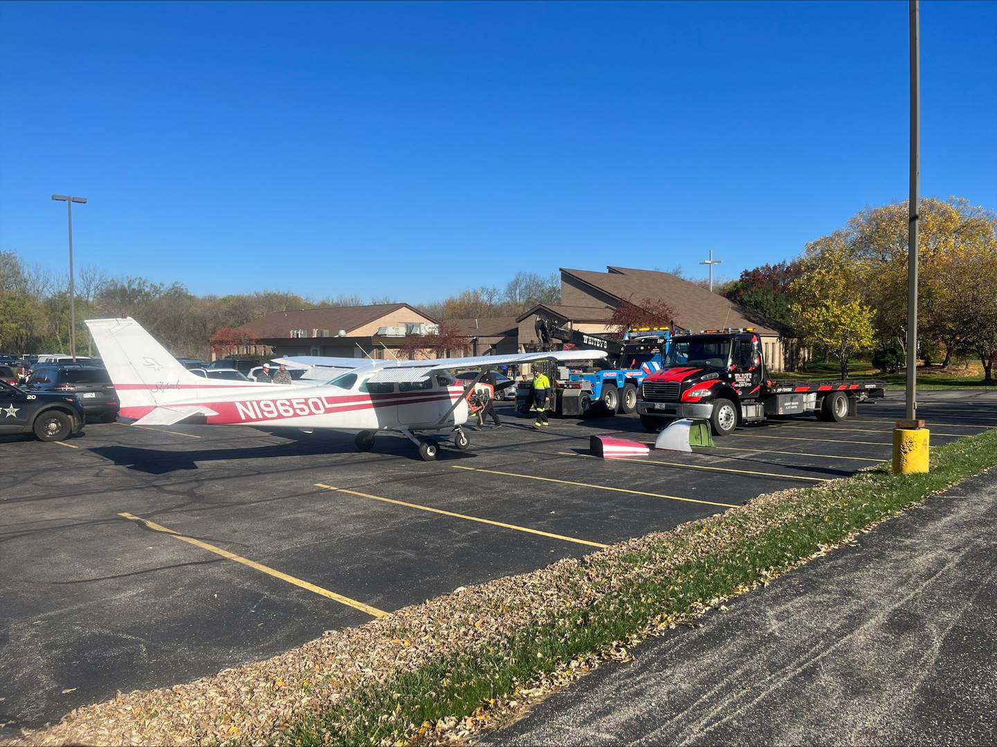 A single-engine plane emergency-landed on Cary-Algonquin Road in Cary Monday, Oct. 30, 2023.