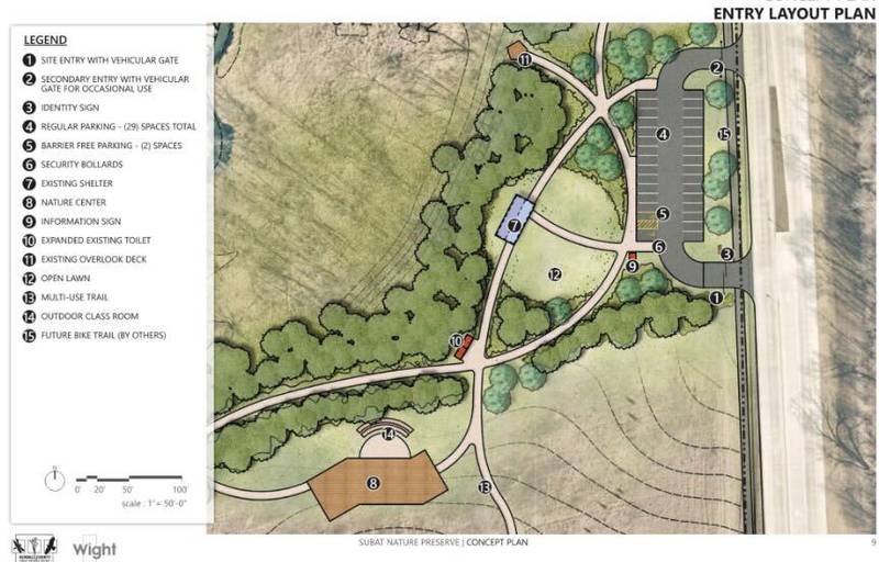 Concept plan for proposed improvements to the entry area for the Subat Wood Forest Preserve off Eldamain Road near Plano. (Provided by the Kendall County Forest Preserve District)