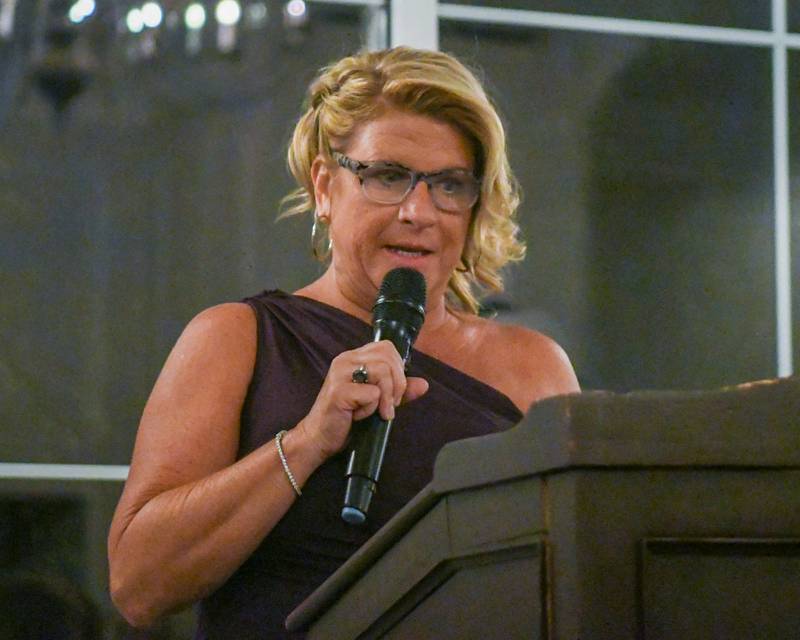 St. Charles Area Chamber of Commerce board member Cheryl Flood speaks during the Charlemagne Awards dinner on Friday May 1, 2026.