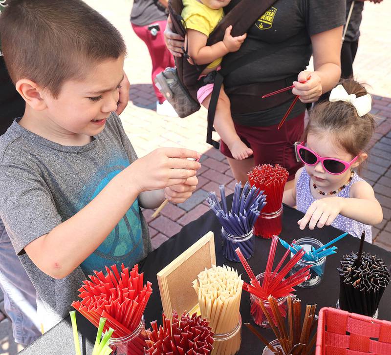 Matthew Claar, (left) 7, from DeKalb, and his sister Melody pick out some flavored honey sticks at the Willow Creek Honey booth Thursday, June 2, 2022, during the first DeKalb Farmers Market of the season at Van Buer Plaza in Downtown DeKalb.