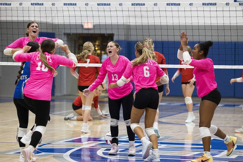 Newman celebrates their come from behind first set win over Oregon Thursday, Sept. 11, 2025.