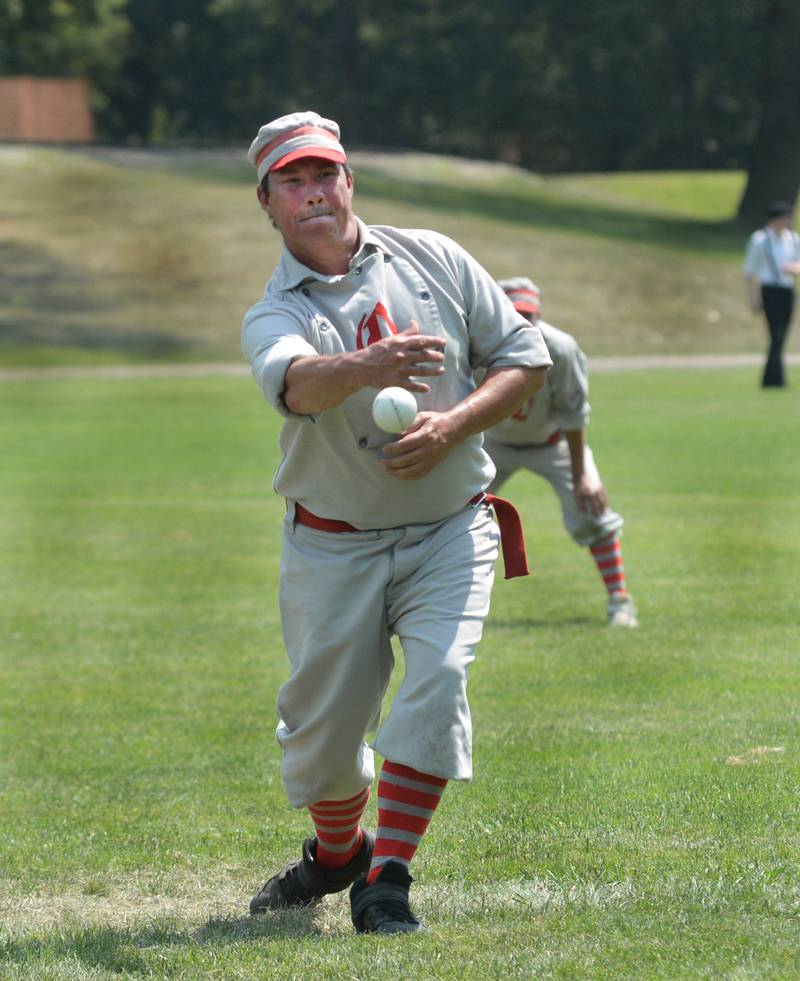 Oregon Ganymede Justin Early pitches at the World Tournament of Historic Base Ball held at the Henry Ford Museum's Greenfield Village on Saturday, Aug. 9, 2025.
