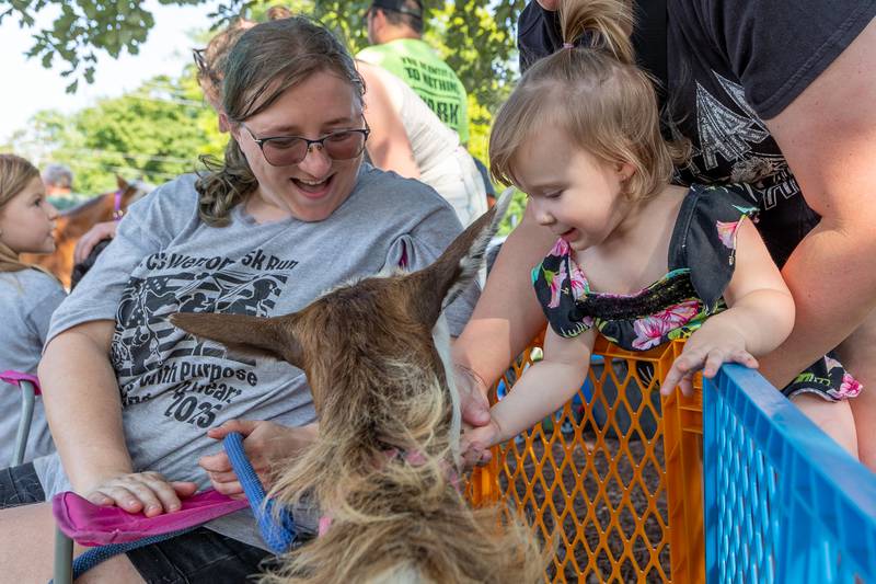 Khloe Krischel feeds goat on Saturday, August 9, 2025 at the annual Wenona Days on Chestnut Street in Wenona.
