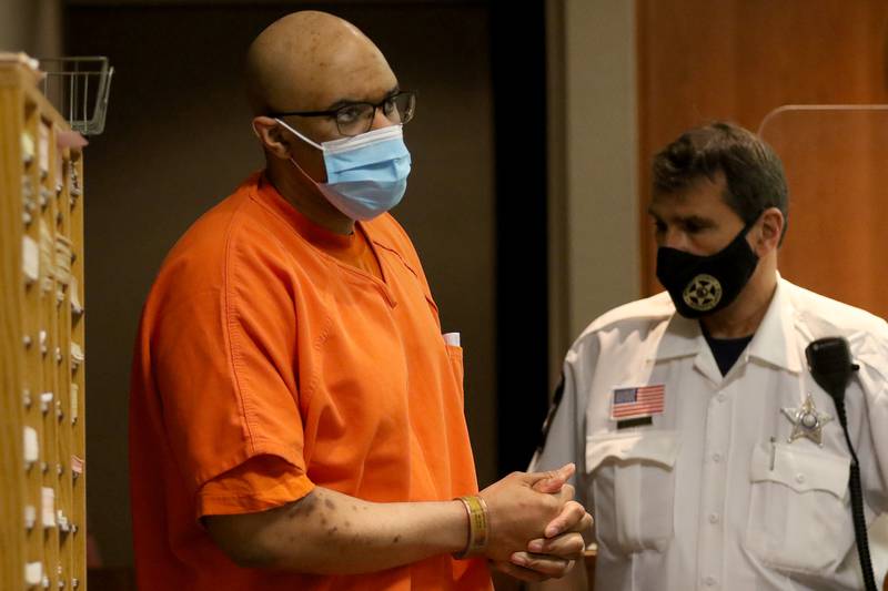 Ryan Yarber enters Judge Michael Coppedge's courtroom at the Michael J. Sullivan Judicial Center on Friday, Feb. 19, 2021 in Woodstock. Yarber changed his plea from not guilty to guilty in the murders of his wife, Allania Yarber, and her sister, 15-year-old Anniyah Reynolds.