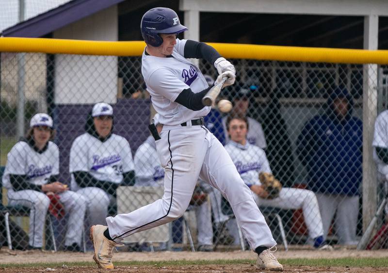 Plano’s Sean Earwood (22) singles against Sycamore during a baseball game at Plano High School on Monday, April 4, 2022.