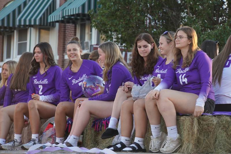 RTHS volleyball players participate in the Rochelle Township High School Homecoming parade on Thursday, Sept. 25, 2025 in downtown Rochelle.