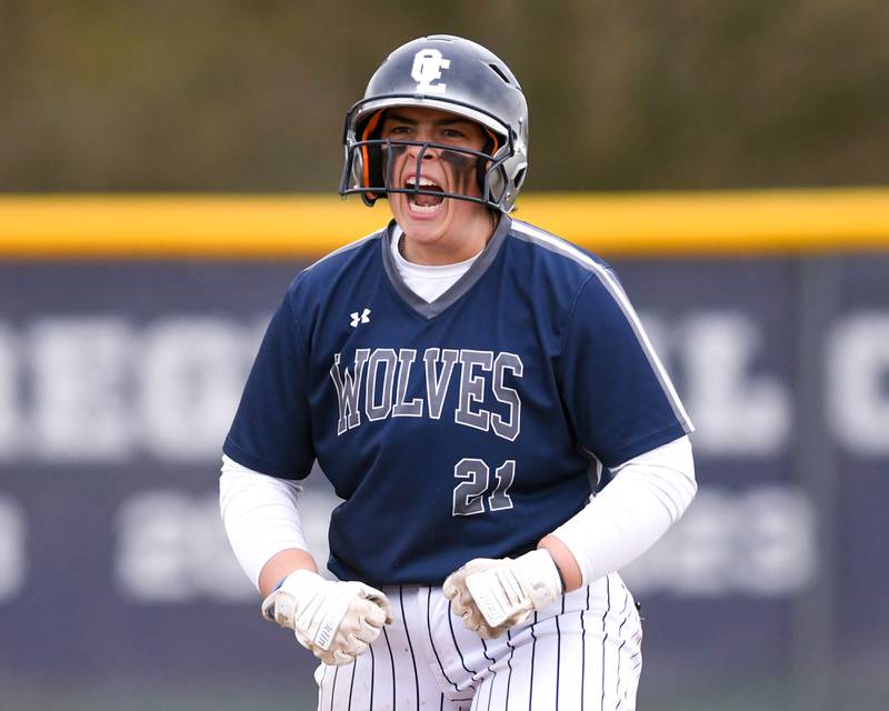 Oswego East’s Ryenne Sinta (21) celebrates after getting a double during the game on Thursday April 17, 2025, while taking on Plainfield North held at Oswego East High School.