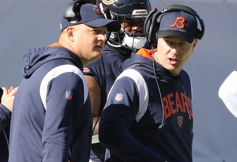 Chicago Bears head coach Matt Eberflus (right) talks to offensive coordinator Luke Getsy during their game against Miami Sunday, Nov. 6, 2022, at Soldier Field in Chicago.